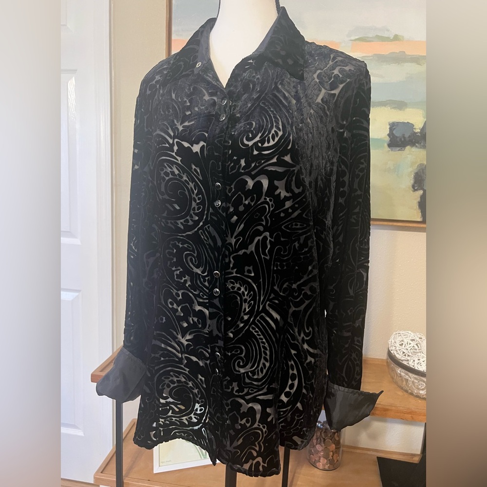 Roper Black Silk Blend Velvet Flocked Mesh Paisley Western Pearl Snap Shirt L - Picture 3 of 9